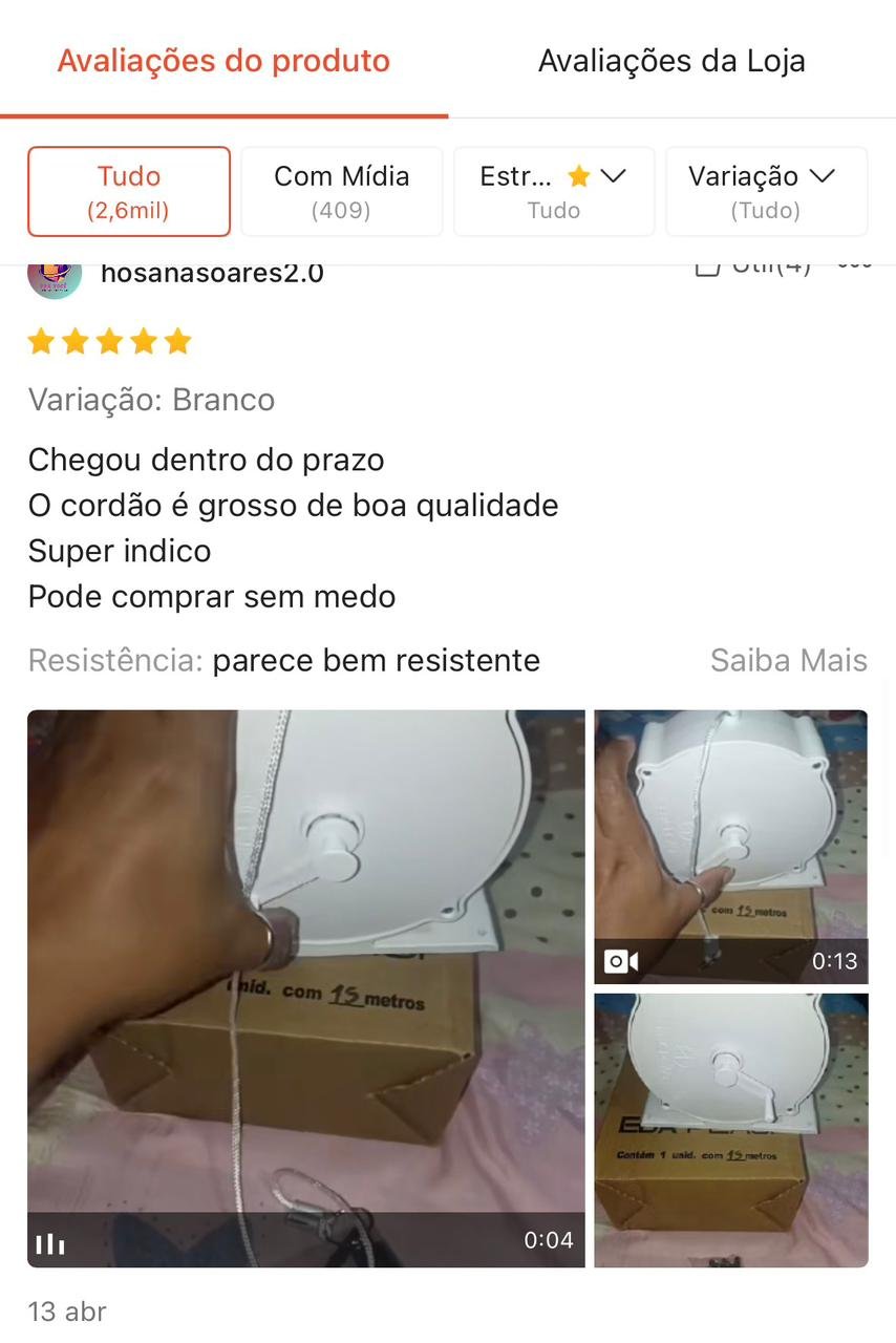 Print de avaliação do varal retrátil EBA PLAST na Shopee