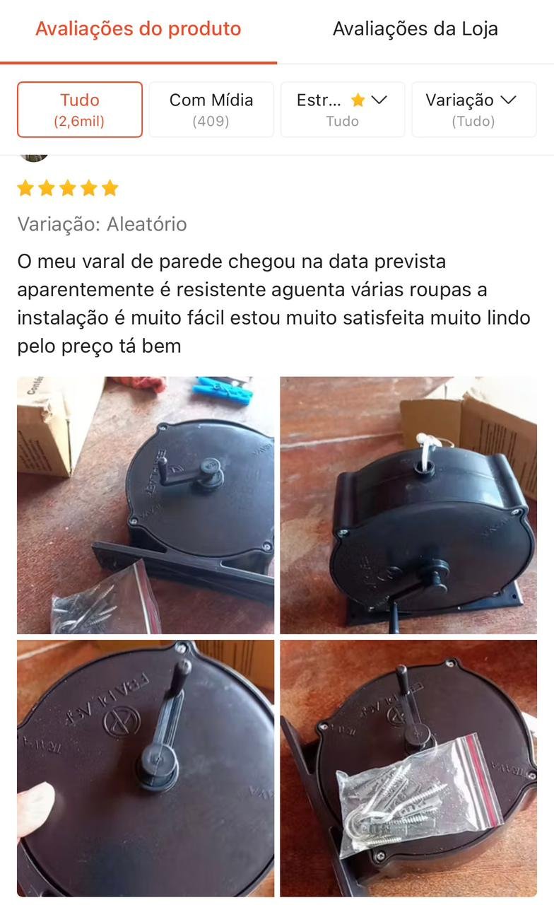 Print de avaliação do varal retrátil EBA PLAST na Shopee