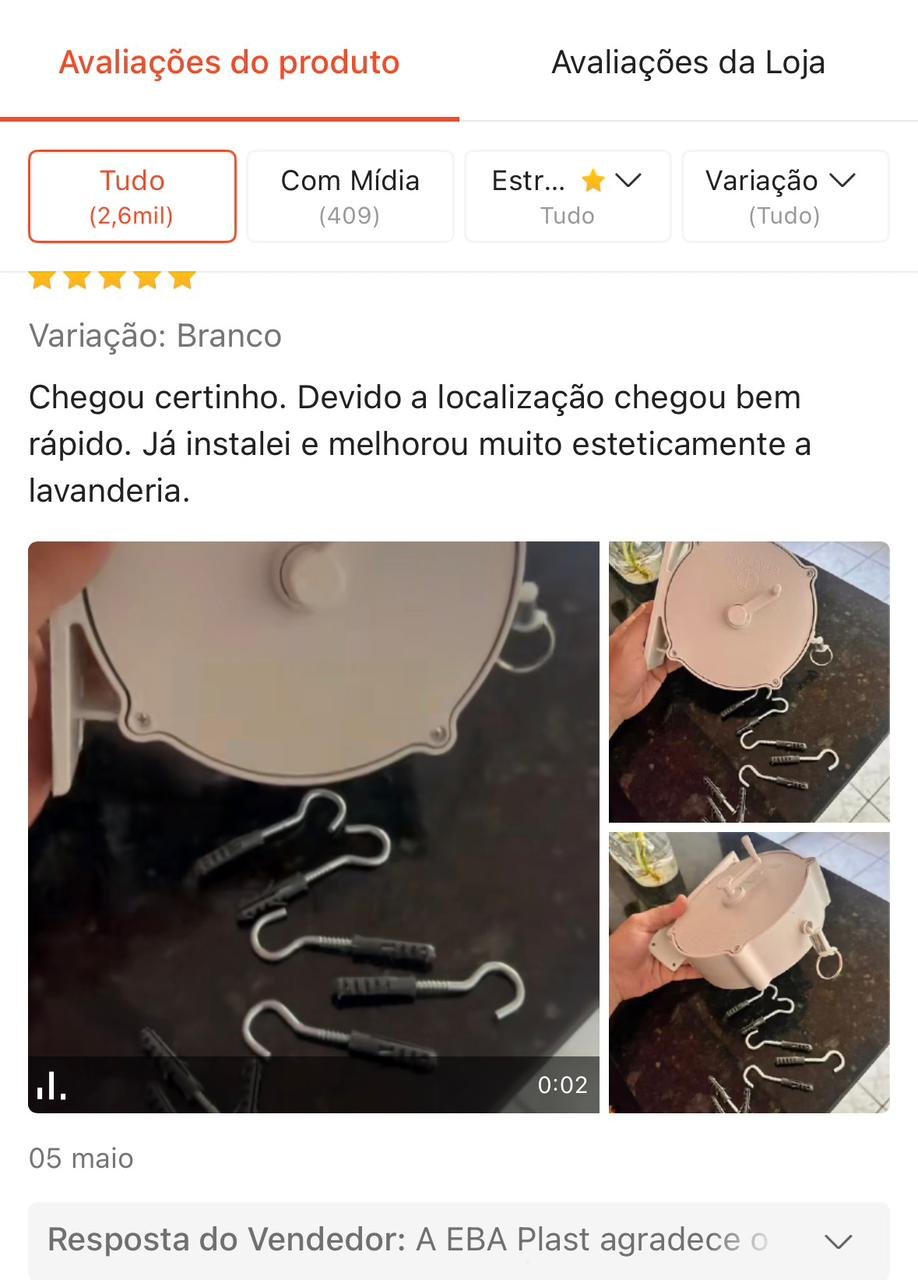 Print de avaliação do varal retrátil EBA PLAST na Shopee